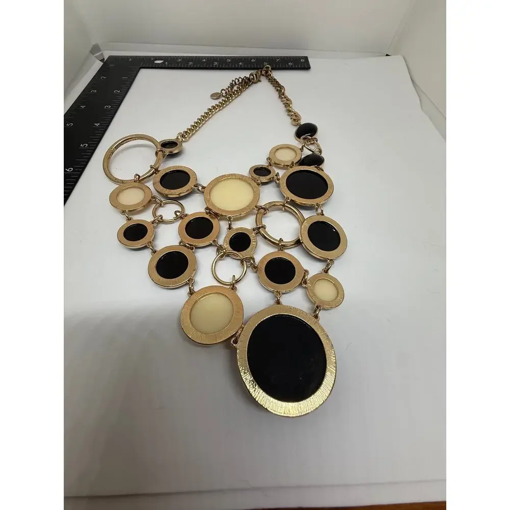 R.J. Graziano Black Cream Statement Necklace Gold Tone Chunky Bib Signed Jewelry
